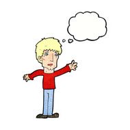 cartoon worried man reaching out with thought bubble N21