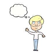 cartoon happy man waving with thought bubble N39