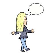 cartoon woman shrugging shoulders with thought bubble N521