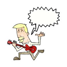 cartoon man playing electric guitar with speech bubble N19
