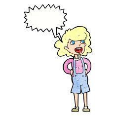 cartoon woman in dungarees with speech bubble N11