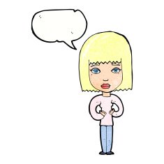 cartoon woman indicating self with speech bubble N11
