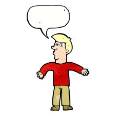 cartoon man shrugging shoulders with speech bubble N42