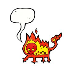 cartoon little fire demon with speech bubble N26