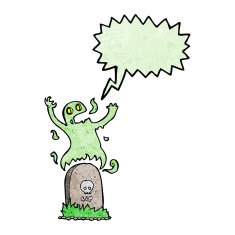 cartoon ghost rising from grave with speech bubble N28