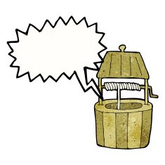 cartoon wishing well with speech bubble N8