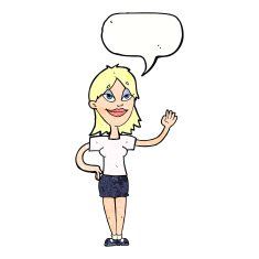 cartoon woman waving with speech bubble N353