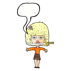 cartoon woman with knife between teeth speech bubble N41
