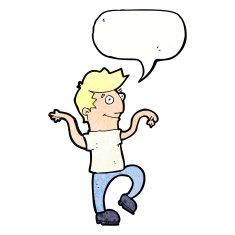 cartoon happy man doing funny dance with speech bubble N20
