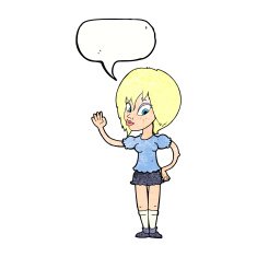 cartoon pretty woman waving with speech bubble N96