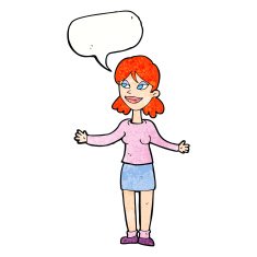 cartoon happy woman shrugging shoulders with speech bubble N21
