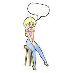 cartoon pretty girl on stool with speech bubble N9