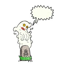 cartoon ghost rising from grave with speech bubble N29