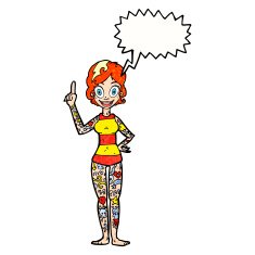 cartoon woman covered in tattoos with speech bubble N10