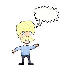 cartoon man with mustache waving speech bubble N31
