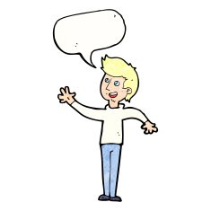 cartoon man waving with speech bubble N32
