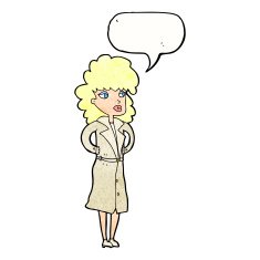 cartoon woman in trench coat with speech bubble N32