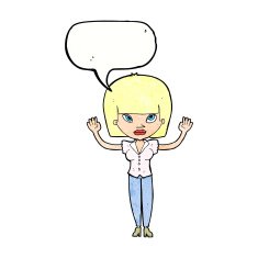cartoon woman with raised hands speech bubble N11