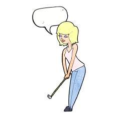 cartoon woman playing golf with speech bubble N22