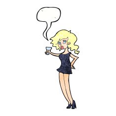 cartoon woman at party with speech bubble N22