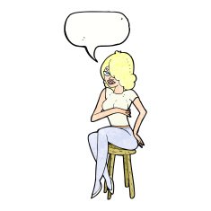 cartoon woman sitting on bar stool with speech bubble N21