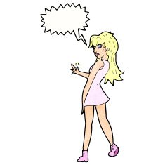 cartoon woman posing in dress with speech bubble N40