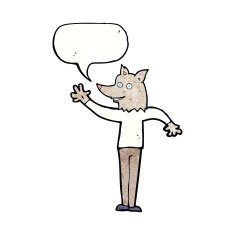 cartoon waving wolf man with speech bubble N7