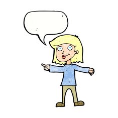 cartoon happy woman pointing with speech bubble N72