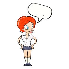 cartoon happy woman in short skirt with speech bubble N7