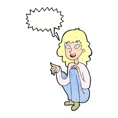 cartoon happy woman sitting and pointing with speech bubble N11