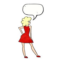 cartoon woman posing in dress with speech bubble N42