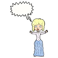 cartoon worried victorian woman with speech bubble N11