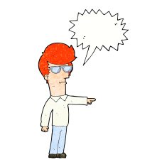 cartoon man in glasses pointing with speech bubble N11