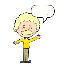 cartoon man with mustache waving speech bubble N32