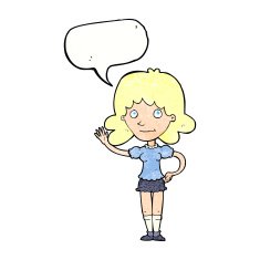 cartoon woman waving with speech bubble N362