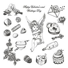 Vector set of hand drawn vintage valentine's and wedding