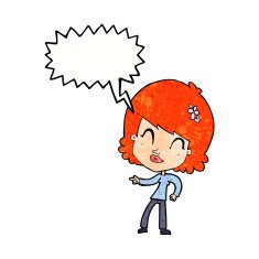 cartoon happy woman pointing with speech bubble N74