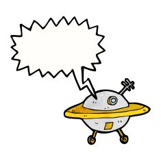 cartoon flying saucer with speech bubble N7