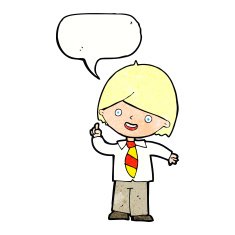 cartoon school boy answering question with speech bubble N53