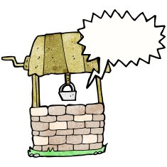 cartoon wishing well with speech bubble N9