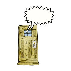 cartoon old wood door with speech bubble N3