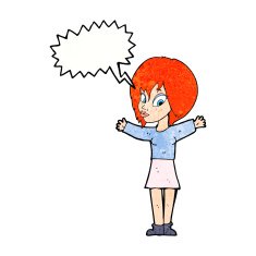 cartoon woman with open arms speech bubble N109