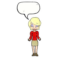 cartoon happy woman shrugging shoulders with speech bubble N22