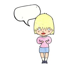 cartoon woman making Who Me? gesture with speech bubble N48