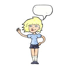 cartoon woman waving with speech bubble N365