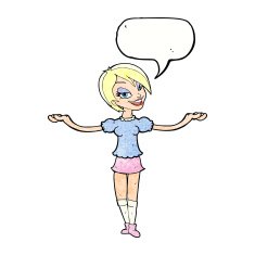 cartoon woman making open arm gesture with speech bubble N11