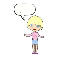 cartoon woman shrugging with speech bubble N65