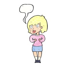 cartoon woman making Who Me? gesture with speech bubble N50