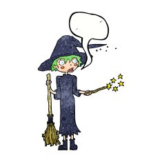 cartoon witch casting spell with speech bubble N22