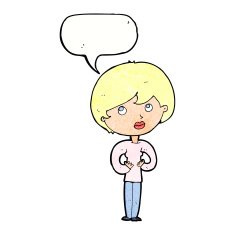 cartoon woman making Who Me? gesture with speech bubble N51